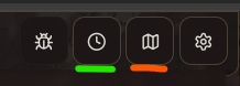 Top-right UI buttons — time is green, map is orange