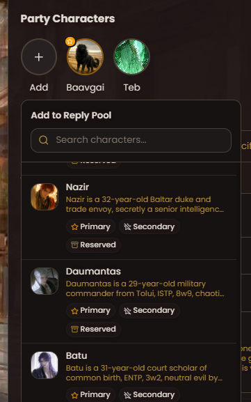 Party Characters panel showing Primary, Secondary, Reserved options