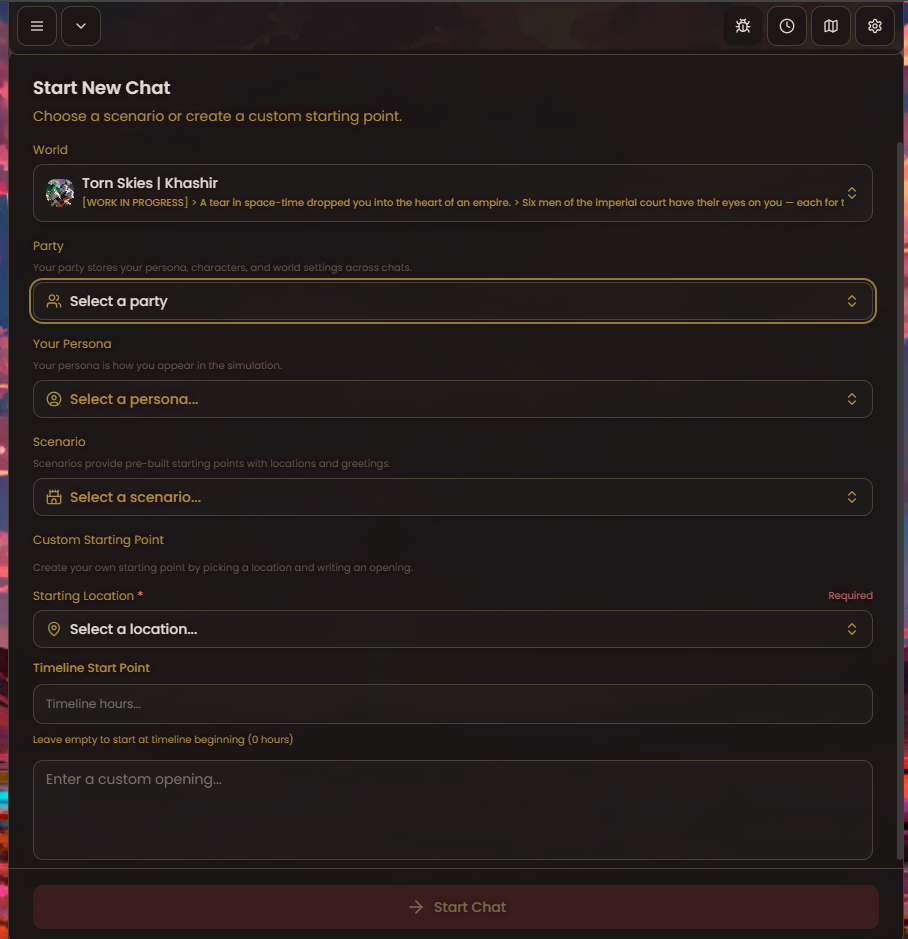 Start New Chat screen — select party, persona, and scenario